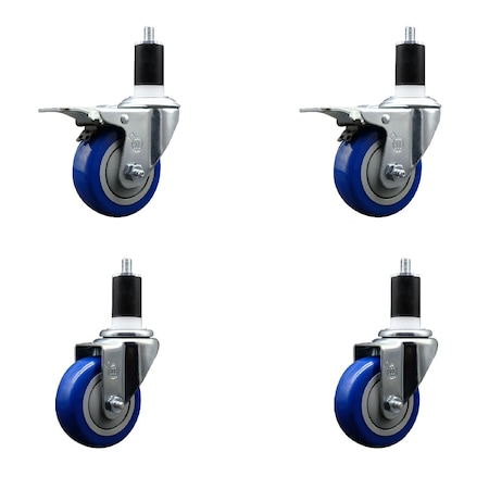 Service Caster 3.5'' SS Blue Poly Swivel 1-1/2'' Expanding Stem Caster Set 2 Total Lock Brakes, 4PK SCC-SSEXTTL20S3514-PPUB-BLU-2-S2-112